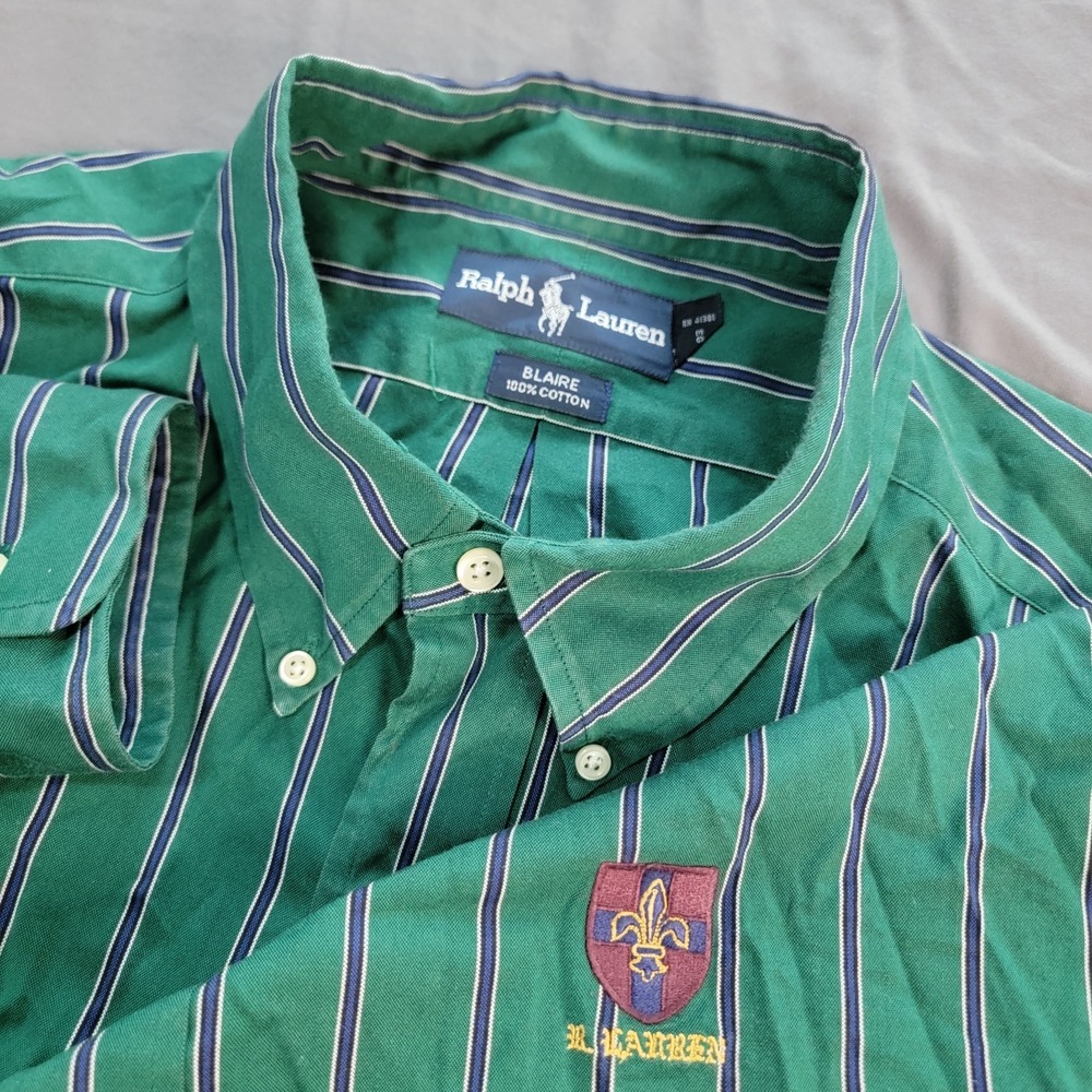 Ralph‎ Lauren Blaire Shirt Men's 2XL Green Long Sleeve Striped Crest Patch Logo